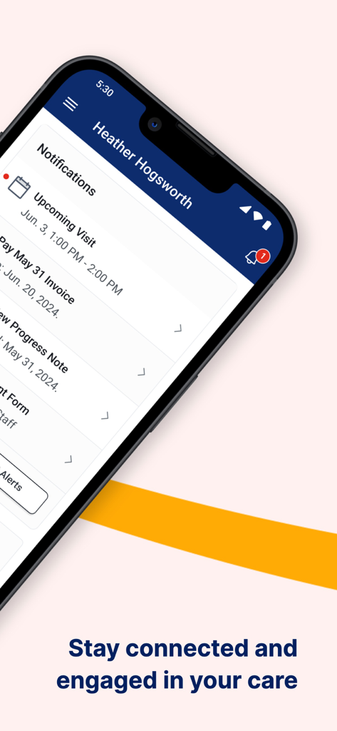 AlayaCare Family Portal - AlayaCare Family Portal notifications screen displaying upcoming home care visits and invoices