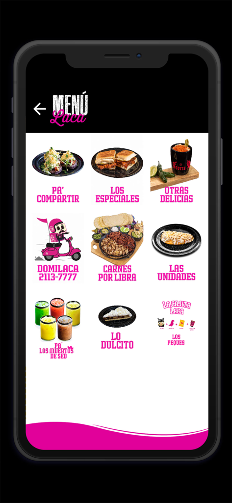 Laca Laca mobile app menu screen showing food and drink categories like tacos, drinks, and desserts.