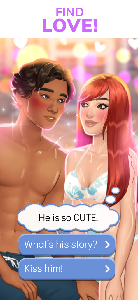 Episode - Choose Your Story - Scena romantica interattiva nell'app Episode che mostra personaggi in costume da bagno con scelte di dialogo per baciare o saperne di più su una cotta.