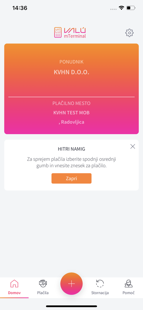 mTerminal app home screen displaying merchant details and a quick tip popup for accepting payments