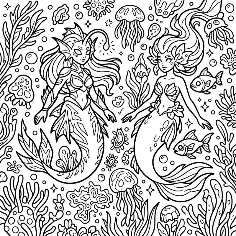 Journey to the ocean's depths with this enchanting coloring page featuring two captivating deep-sea mermaids. Designed for kids, it offers a magical adventure filled with marine life and intricate details waiting to be colored.