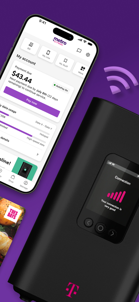 myMetro® - myMetro app interface on iPhone showing account bill and data usage next to a T-Mobile hotspot device.
