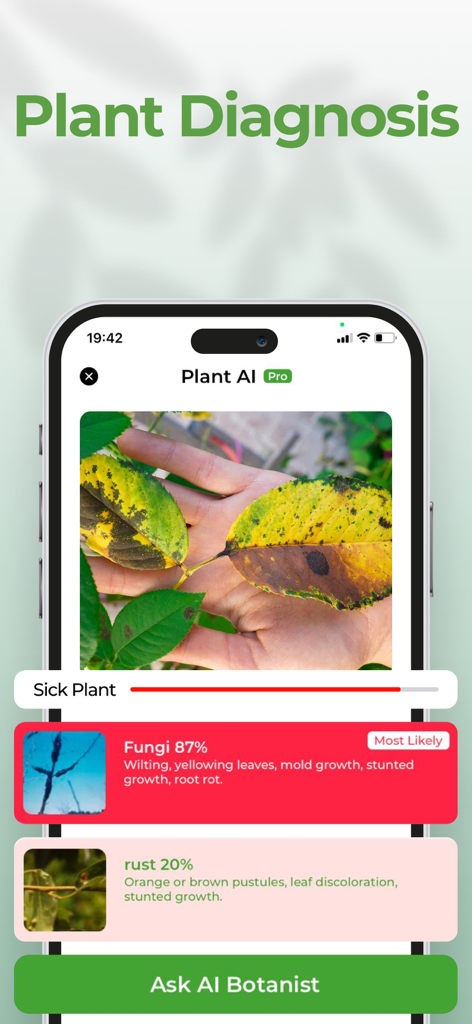 Plant AI: Scanner & Identifier - Interfaz de la aplicación Plant AI mostrando un diagnóstico de enfermedad de plantas para una hoja amarillenta