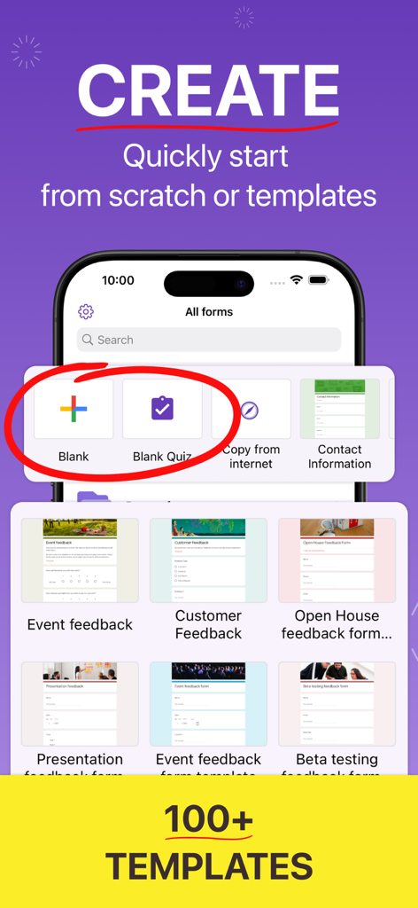 Forms for Google Drive ™ - Mobile app interface for creating new Google Forms with a library of over 100 templates