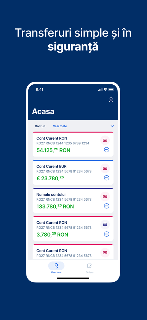 George Business Romania - Tableau de bord de l'application mobile George Business Roumanie montrant les soldes des comptes d'entreprise actuels en RON et EUR