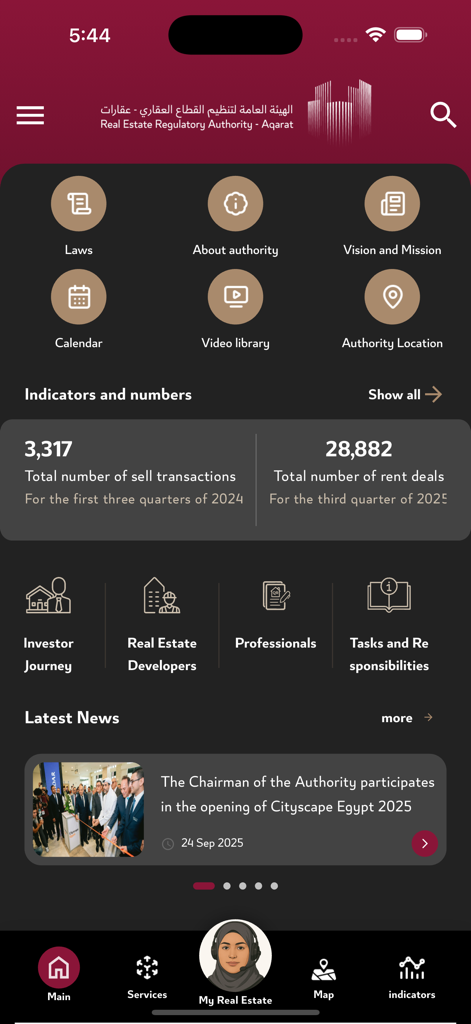 Qatar Aqarat - Qatar Aqarat app dashboard featuring property market statistics and investor resources