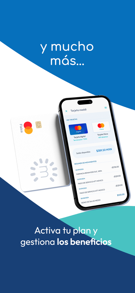 Meddi - Meddi mobile app interface showing digital card balance and transaction history for health benefits next to a physical card