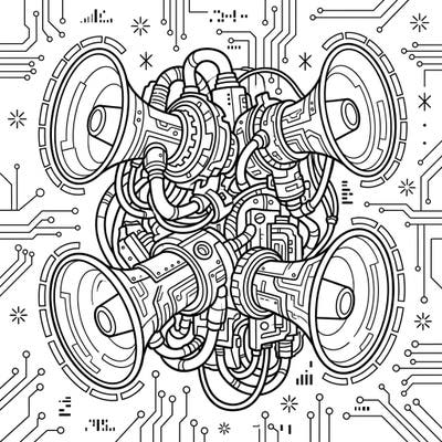 Explore a bold fusion of industrial sound and high-tech aesthetics with this unique Cyberpunk Fog Horns coloring page. It features intricate mechanical details and futuristic circuitry, offering a captivating coloring experience for enthusiasts.