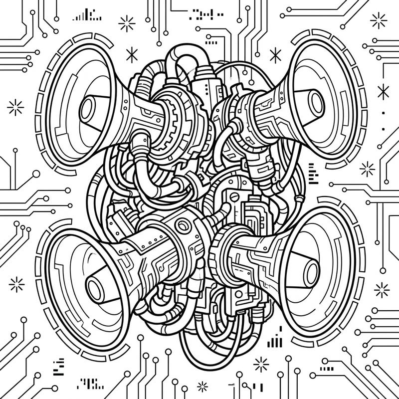 Explore a bold fusion of industrial sound and high-tech aesthetics with this unique Cyberpunk Fog Horns coloring page. It features intricate mechanical details and futuristic circuitry, offering a captivating coloring experience for enthusiasts.