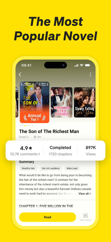 Smartphone-Bildschirm zeigt die beliebte Webnovel Der Sohn des reichsten Mannes in der NovelUP-App-Oberfläche