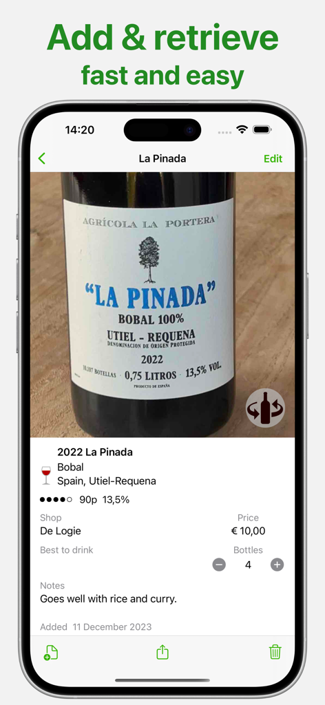 Wines - wine notes V2 - A detailed wine entry in the Wines app showing label photo, vintage, rating, and inventory count.