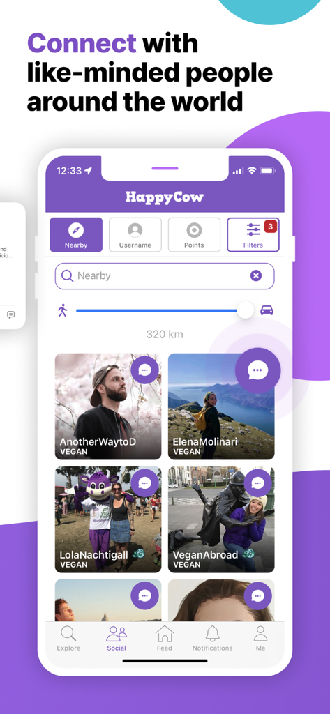 HappyCow - Vegan Food Near You - HappyCow app social screen displaying a community feed of vegan users worldwide with chat icons and profiles