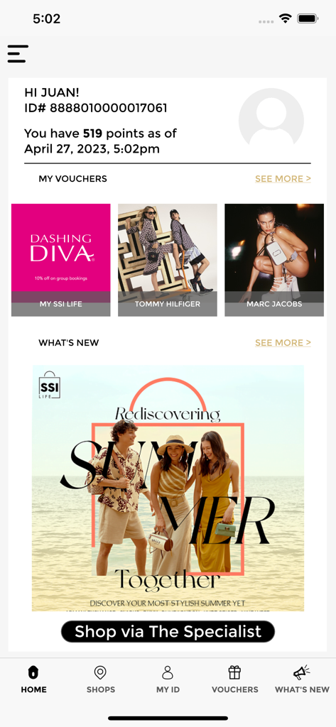 My SSI Life - My SSI Life loyalty app dashboard showing rewards points and premium brand vouchers