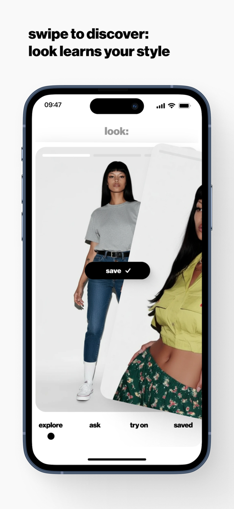 Look AI: Your fashion stylist - Look AI mobile app interface showing a swipe-based discovery feed for personalized fashion outfits on a virtual avatar