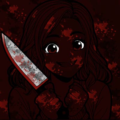 a realistic girl holding a knife and grinning