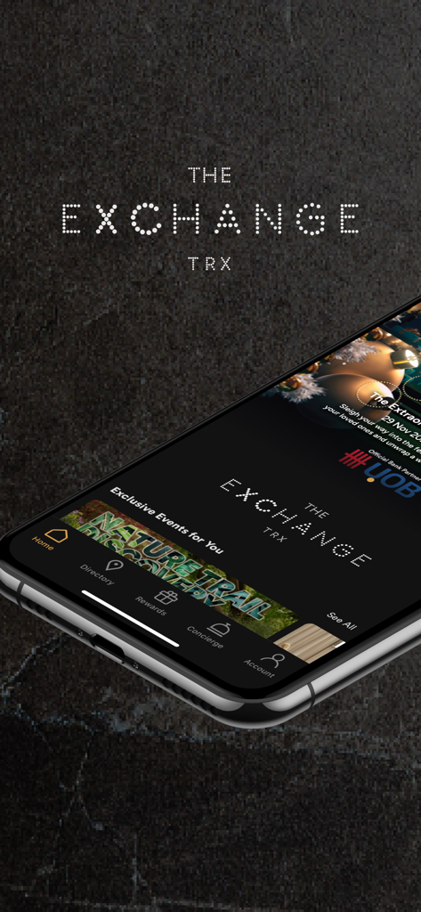 The Exchange TRX - Smartphone displaying The Exchange TRX mobile app home screen with navigation for rewards and concierge services.