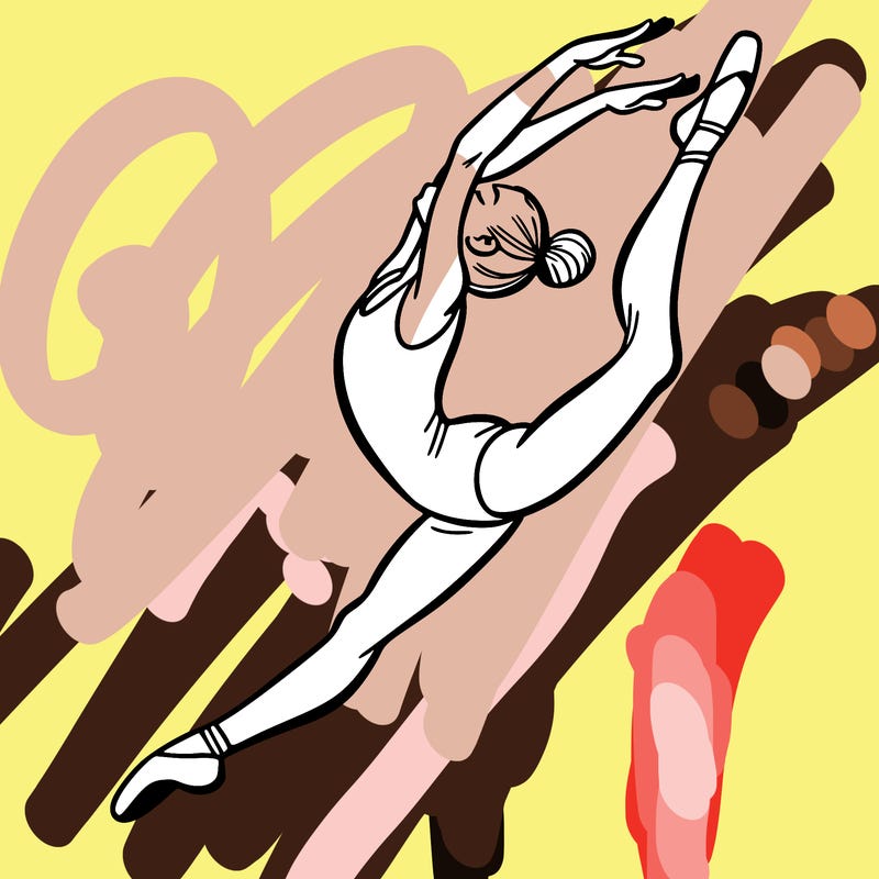 gymnast doing a leap in a leotard with a bent back leg