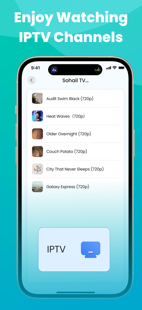 Miracast: Screen Mirroring TV - Miracast app interface showing a list of IPTV channels available for screen mirroring to a TV
