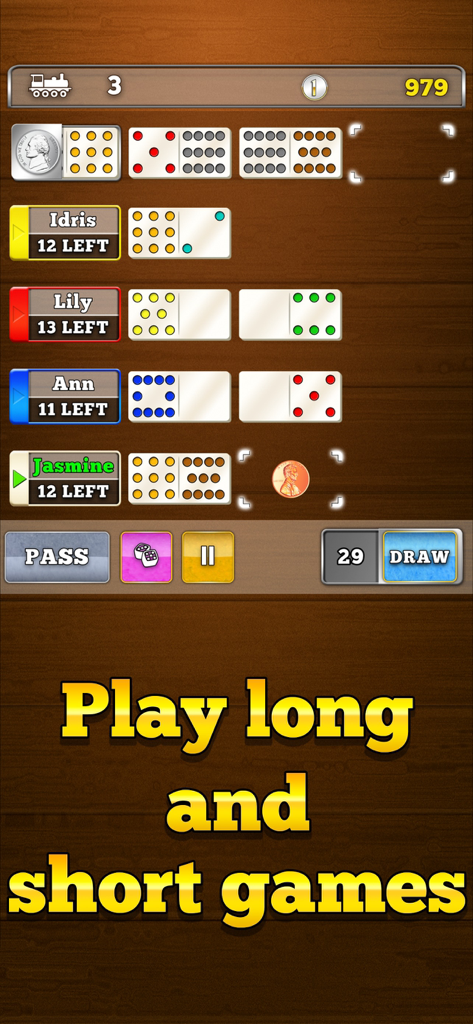 Mexican Train Dominoes Gold - Gameplay screen of Mexican Train Dominoes showing player trains and game mode text