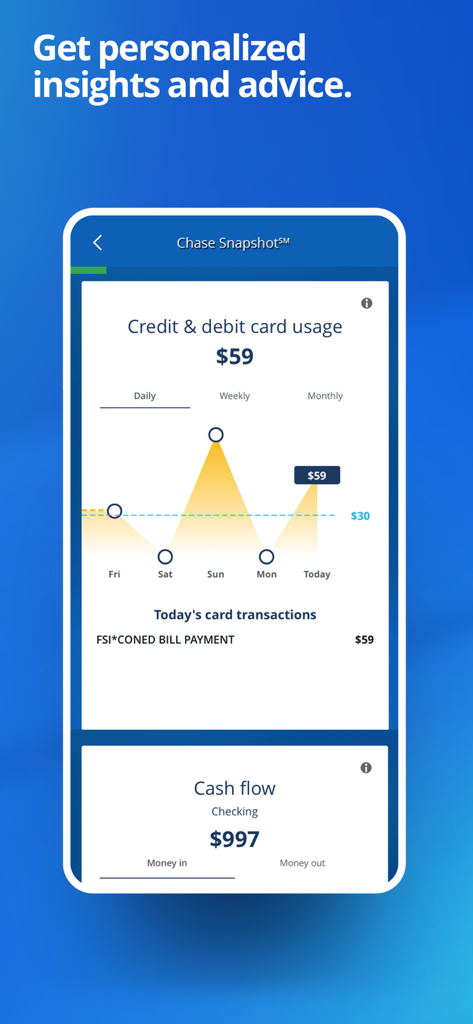 Interface of Chase Mobile app showing personalized financial insights and cash flow tracking