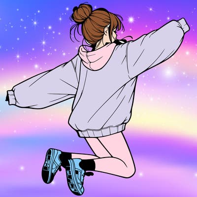 realistic girl jumping with a bun and oversized sweatshirt