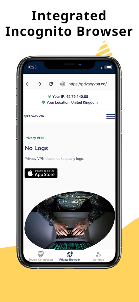L'app Privacy VPN mostra la funzione browser incognito integrata con una politica di non registrazione