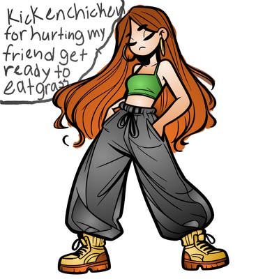 girl in baggy pants crop top and long hair