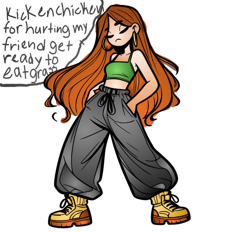 girl in baggy pants crop top and long hair
