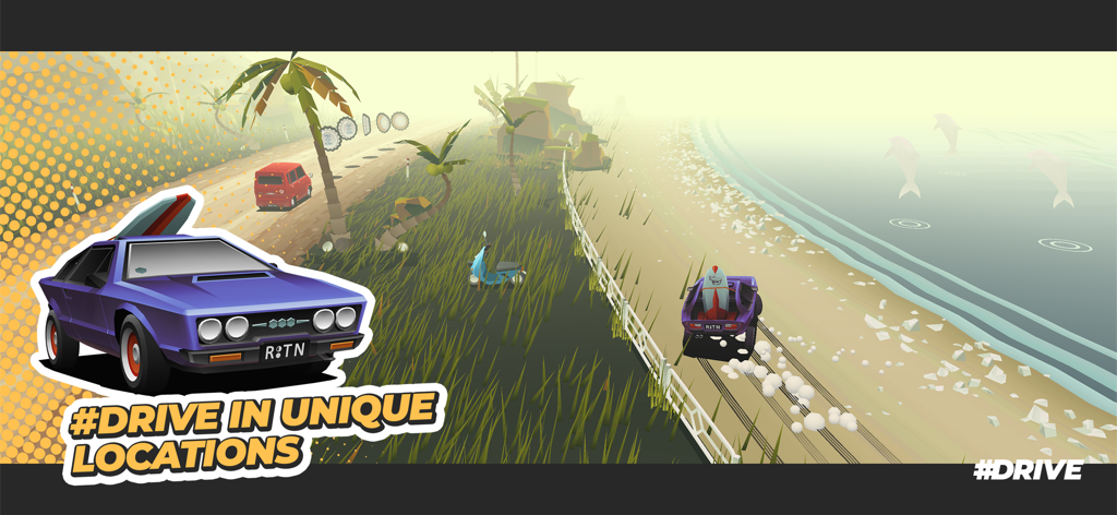 Purple vintage car with a surfboard driving on a low-poly beach road