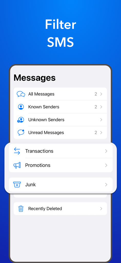 정크 및 프로모션 카테고리로 필터링된 SMS 메시지를 표시하는 스마트폰 화면