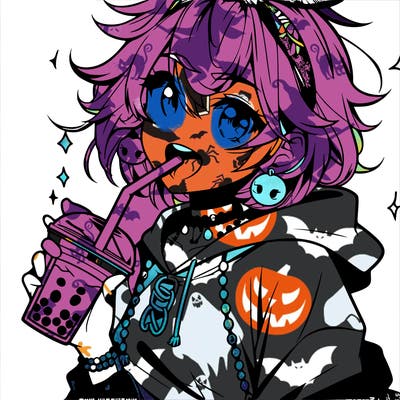 hot baddie anime girl drinking boba and biting the straw