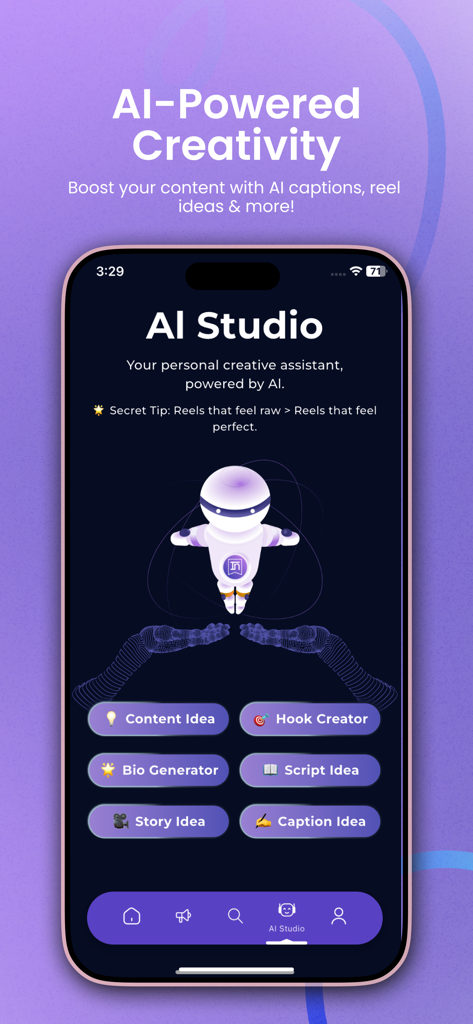 Influish: Influencer Marketing - コンテンツアイデアやキャプションの生成のためのクリエイティブツールを表示するInfluishアプリAIスタジオ画面。