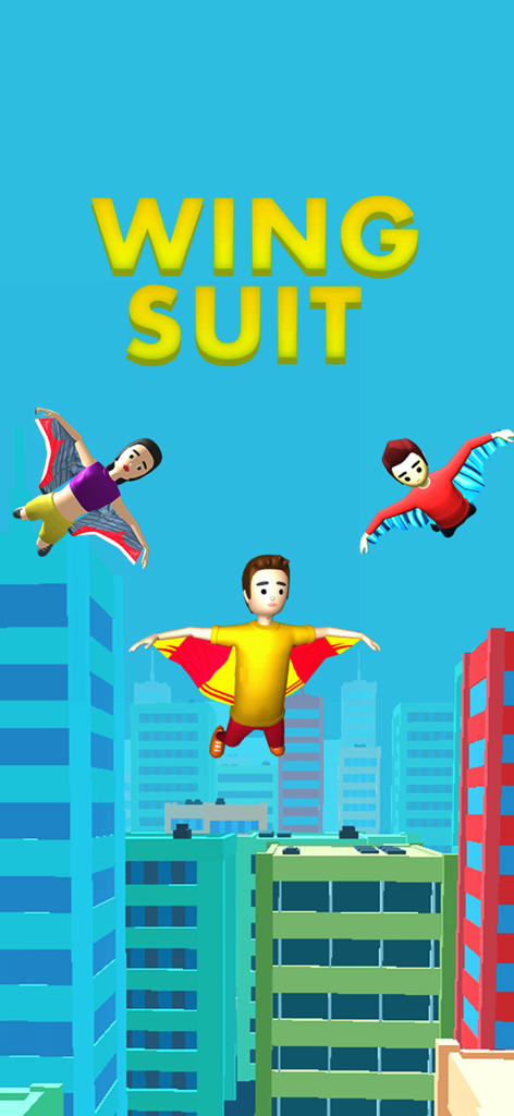 Wingsuit Ride: Skydiving Game - Tres personajes volando en trajes de wingsuit sobre coloridos rascacielos en el juego móvil Wingsuit Ride