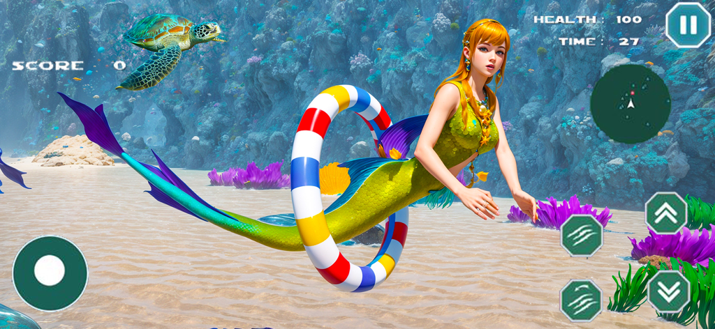 A mermaid swimming through a colorful ring in a 3D underwater ocean environment.