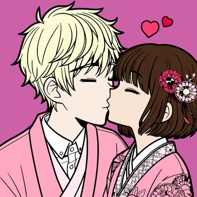 an anime boy and girl kissing