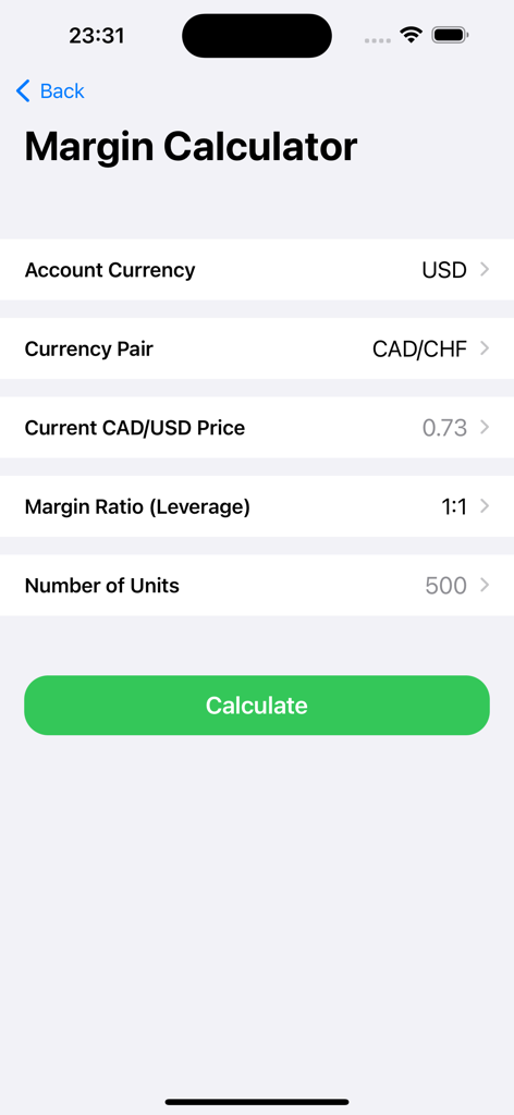 Forex Calculators for traders - Margin calculator screen within the forex trading utility app