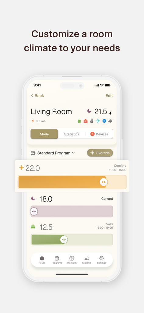 Mill Norway app interface showing room climate customization with temperature sliders for comfort and away modes