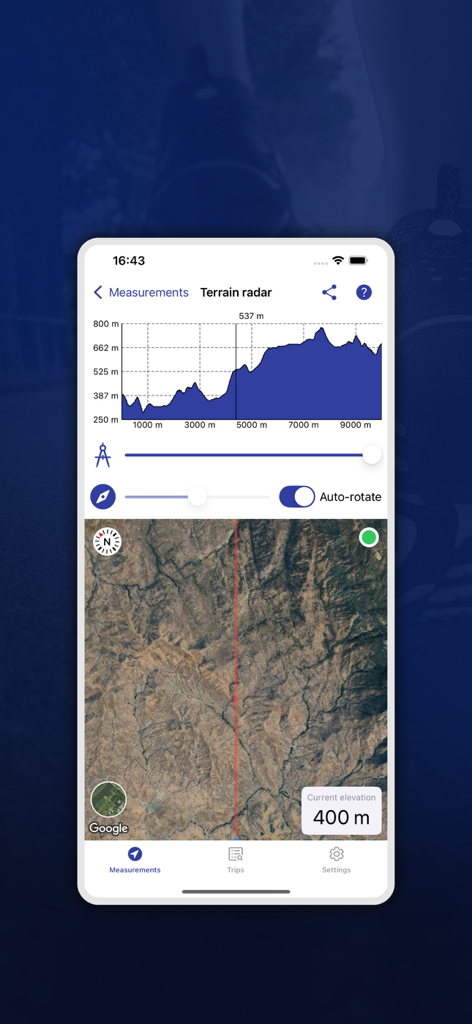 My GPS Odometer - Pantalla de la aplicación Mi Odómetro GPS mostrando un radar de terreno con un gráfico de elevación y vista de mapa satelital.