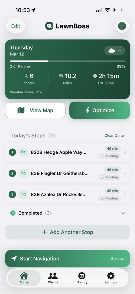 RutaVerde: Lawn Route Manager - Daily dashboard of RutaVerde lawn route manager app showing stops and mileage