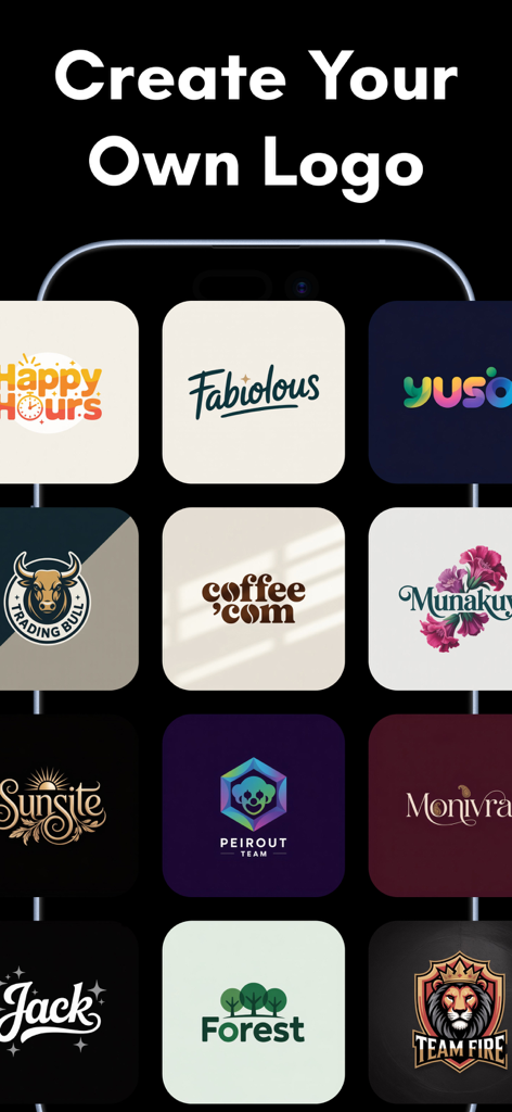 AI Logo Design - Brand Maker - Uno schermo di smartphone che visualizza una griglia di diversi template di logo, inclusi stili minimalisti vintage e gaming