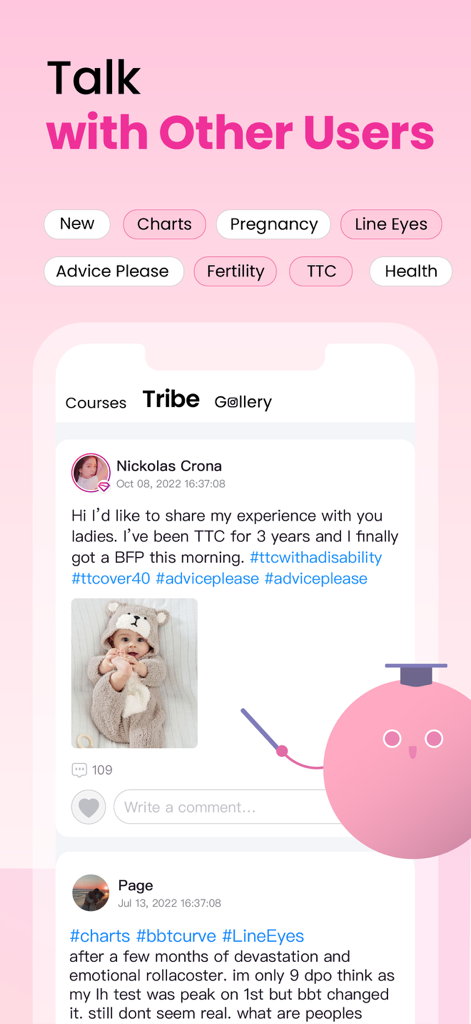 Femometer Fertility Tracker - Screenshot of the Femometer fertility tracker community where women share pregnancy and fertility advice