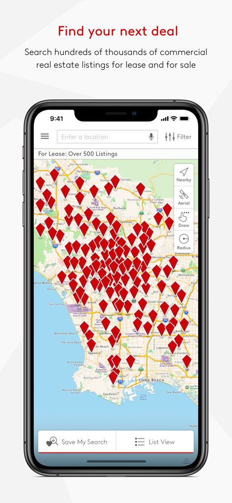 LoopNet Real Estate - L'application LoopNet affiche une carte avec de nombreux marqueurs indiquant les biens immobiliers commerciaux à louer et à vendre.