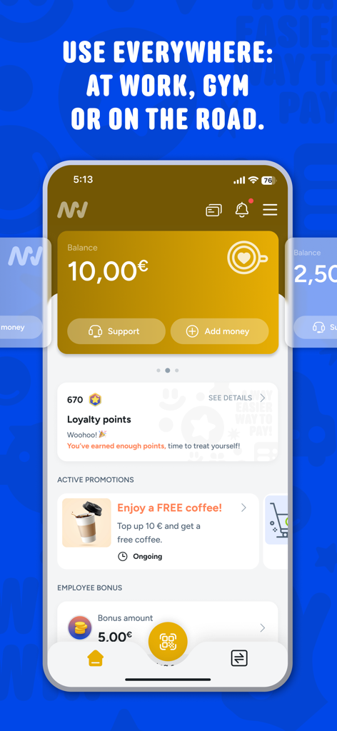 MacJack app interface for mobile payments at vending machines showing digital wallet balance and loyalty rewards