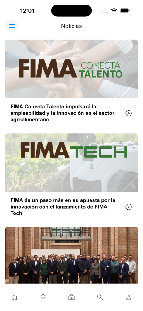 Tela de feed de notícias do aplicativo FIMA Agricola mostrando artigos sobre talentos agrícolas e inovação tecnológica