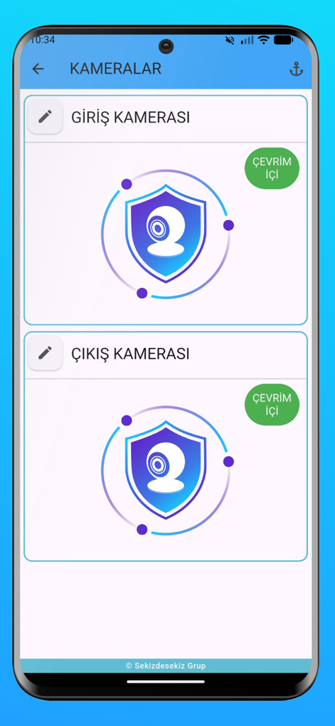 A mobile app interface titled Cameras showing the online status for both Entrance and Exit security cameras within a school safety system.