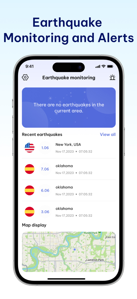 Security Camera Auto Connect - Interfaz de la app que muestra la monitorización y alertas de terremotos con actividad sísmica reciente y visualización de mapa