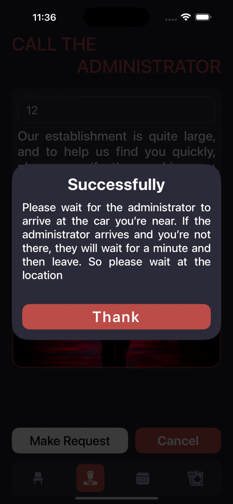 Day Winner Lounge - Day Winner Lounge app screen showing a success message for calling an administrator
