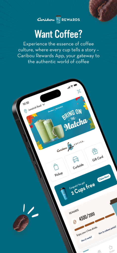 Caribou Rewards - Pantalla de la aplicación móvil Caribou Rewards mostrando opciones de recogida y curbside y recompensas de café gratis ganadas