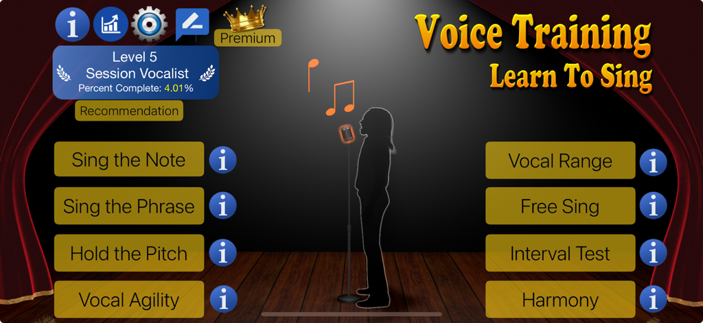 Voice Training - Learn to Sing - Main menu of the Voice Training app featuring singing exercises like Vocal Agility and Harmony on a theatrical stage background.