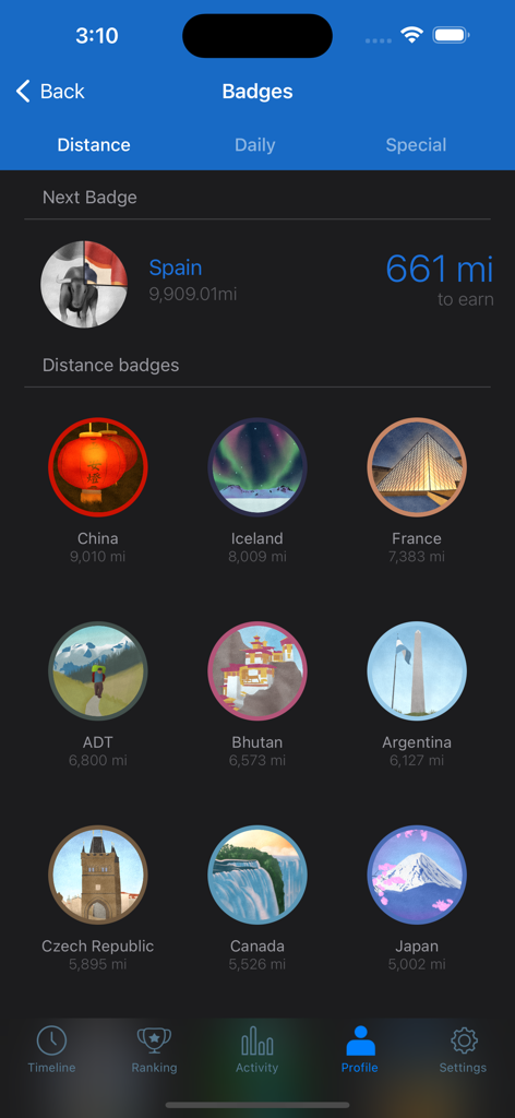 Outwalk - Outwalk app interface displaying unlockable distance badges named after global travel destinations.